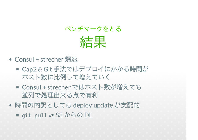 Consul + strecher
Cap2 & Git
Consul + strecher
deploy:update
git pull vs S3 DL
