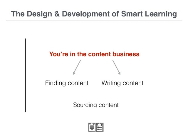 The Design & Development of Smart Learning
You’re in the content business
Finding content Writing content
Sourcing content
