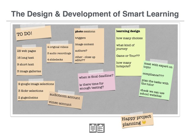 The Design & Development of Smart Learning
Happy project
planning 
28 web pages
16 long text
9 short text
3 image galleries
4 original videos
3 audio recordings
4 slidedecks
photo sessions:
triggers
image content
authors?
other - close up
edits??
9 google image selections
3 ﬂickr selections
2 gugenheims
audioboom account
vimeo account
TO DO! learning design
how many choices
what kind of
journey
Game or Tour??
how many
hotspots?
meet with expert on
topic
compliance???
plan the tasks with
the tutor
check we can use
school websites
when is ﬁnal deadline?
is there time for
enough testing?

