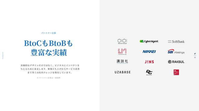 Goodpatch Tokyo
32
BtoCもBtoBも
豊富な実績
表層的なデザインだけではなく、ビジネスにインパクトを
与えるために並
走
します。新規
立
ち上げからサービス改善
まで多くの社内ナレッジを保有しています。
パートナー企業
※パートナー企業は
一
部抜粋
