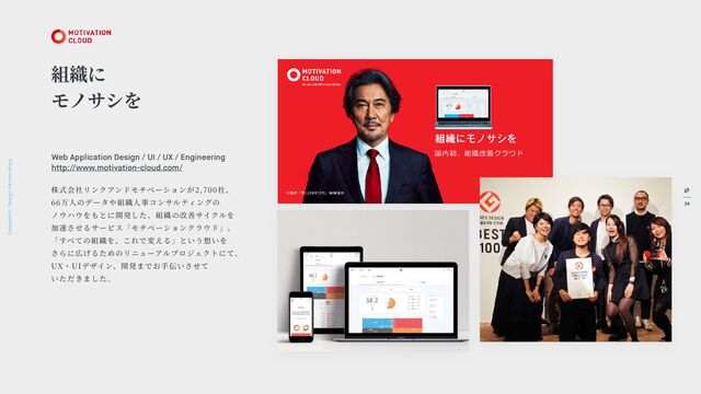 34
Goodpatch Tokyo: Design Partnerships
組織に
モノサシを
株式会社リンクアンドモチベーションが2,700社、
66万
人
のデータや組織
人
事コンサルティングの
ノウハウをもとに開発した、組織の改善サイクルを
加速させるサービス「モチベーションクラウド」。
「すべての組織を、これで変える」という想いを
さらに広げるためのリニューアルプロジェクトにて、
UX・UIデザイン、開発までお
手
伝いさせて
いただきました。
Web Application Design / UI / UX / Engineering
h
t
tp://
www
.motivation-cloud.com/
