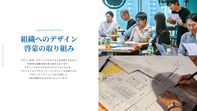 Goodpatch Tokyo: Design Partnerships
43
デザイン思考、デザインプロセスなどを啓蒙するための
短期的な組織
支
援の取り組みもあります。
デザインプロセスを1
日
のプログラムにまとめ、
プロトタイピングやユーザーインタビューを実践できる
デザインワークショップなどを通して
文
化を醸成するお
手
伝いをしています。
組織へのデザイン
啓蒙の取り組み
Supporting Organizations
