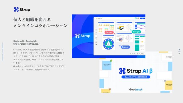 48
Goodpatch Tokyo: Design Pla
t
forms
個
人
と組織を変える
オンラインコラボレーション
Strapは、個
人
の創造的思考と組織の会議を変
革
する
DXツールです。オンライン上で共同作業できる機能や
ノウハウを通じて、個
人
の資料作成や思考の整理、
チームの
日
常会議、研修、ワークショップを
支
援して
います。
Goodpatchの
自
社サービスとして2020年9
月
に正式リ
リース。2023年4
月
AI機能をリリース。
Designed by Goodpatch Tokyo
h
t
tps://product.strap.app/
