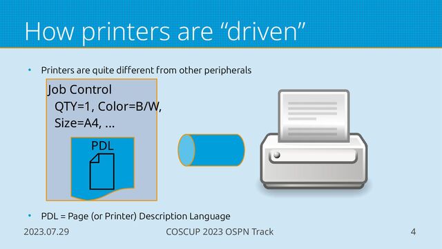 2023.07.29 COSCUP 2023 OSPN Track 4
How printers are “driven”
●
Printers are quite different from other peripherals
●
PDL = Page (or Printer) Description Language
Job Control
QTY=1, Color=B/W,
Size=A4, ...
PDL
