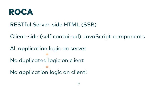 ROCA
37
RESTful Server-side HTML (SSR)
All application logic on server
No duplicated logic on client
+
No application logic on client!
Client-side (self contained) JavaScript components
=
