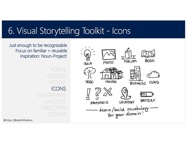 @SketchTheDocs @nitya
Just enough to be recognizable
Focus on familiar + reusable
Inspiration: Noun-Project!
FONTS
QUOTES
PEOPLE
ICONS
CONTAINERS
LAYOUTS
DIRECTION
COLORS
@nitya | @sketchthedocs
