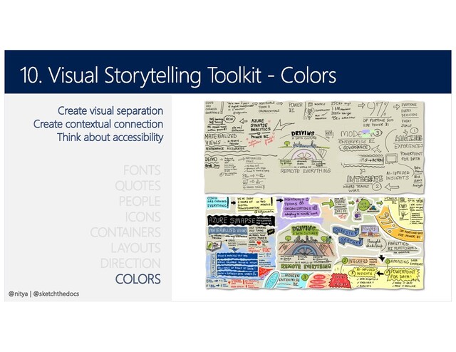 @SketchTheDocs @nitya
Create visual separation
Create contextual connection
Think about accessibility
FONTS
QUOTES
PEOPLE
ICONS
CONTAINERS
LAYOUTS
DIRECTION
COLORS
@nitya | @sketchthedocs
