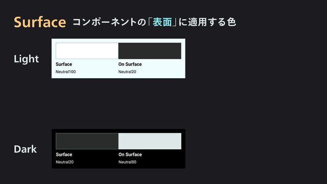 Light
Dark
Surface
Neutral100
On Surface
Neutral20
Surface
Neutral20
On Surface
Neutral80
Surface コンポーネントの
「 」
に適用する色
表面
