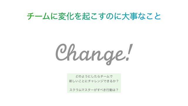 ͲͷΑ͏ʹͨ͠ΒνʔϜͰ


৽͍͜͠ͱʹνϟϨϯδͰ͖Δ͔ʁ


εΫϥϜϚελʔ͕͢΂͖ߦಈ͸ʁ
νʔϜʹมԽΛى͜͢ͷʹେࣄͳ͜ͱ
Change!
