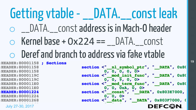 July 27-30, 2017
Getting vtable - __DATA.__const leak
o  __DATA.__const address is in Mach-O header
o  Kernel base + 0x224 == __DATA.__const
o  Deref and branch to address via fake vtable
13
14
15
16
17
18
19
20
21
22
23
24
