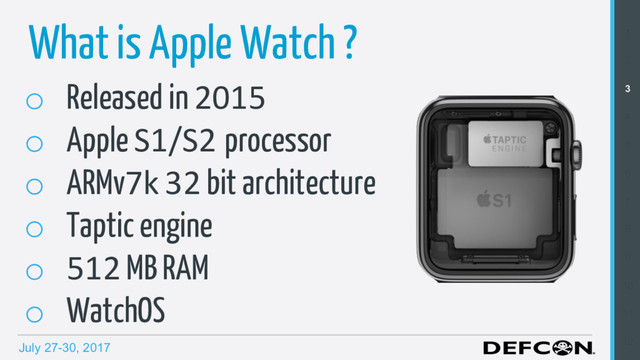 July 27-30, 2017
o  Released in 2015
o  Apple S1/S2 processor
o  ARMv7k 32 bit architecture
o  Taptic engine
o  512 MB RAM
o  WatchOS
1
2
3
4
5
6
7
8
9
10
11
12
What is Apple Watch ?
