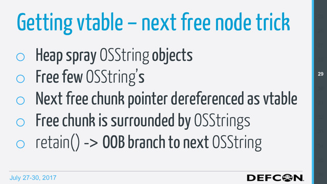 July 27-30, 2017
o  Heap spray OSString objects
o  Free few OSString’s
o  Next free chunk pointer dereferenced as vtable
o  Free chunk is surrounded by OSStrings
o  retain() -> OOB branch to next OSString
Getting vtable – next free node trick 25
26
27
28
29
30
31
32
33
34
35
36
