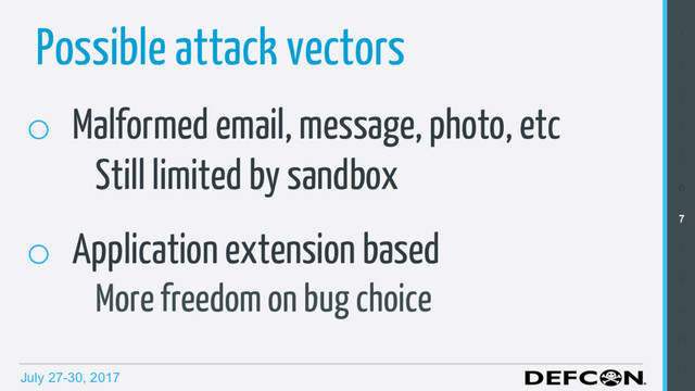 July 27-30, 2017
1
2
3
4
5
6
7
8
9
10
11
12
Possible attack vectors
o  Malformed email, message, photo, etc
Still limited by sandbox
o  Application extension based
More freedom on bug choice
