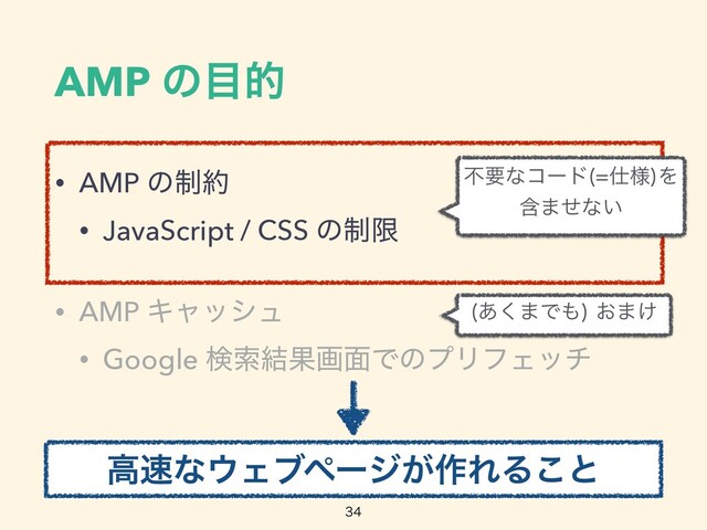 AMP ͷ໨త
• AMP ͷ੍໿


• JavaScript / CSS ͷ੍ݶ


• AMP Ωϟογϡ


• Google ݕࡧ݁Ռը໘ͰͷϓϦϑΣον

ߴ଎ͳ΢Σϒϖʔδ͕࡞ΕΔ͜ͱ
͋͘·Ͱ΋
͓·͚
ෆཁͳίʔυ ࢓༷
Λ
 
ؚ·ͤͳ͍

