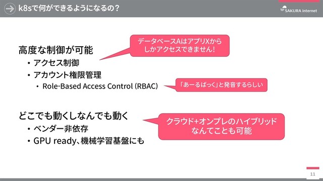 k8sで何ができるようになるの？
⾼度な制御が可能
• アクセス制御
• アカウント権限管理
• Role-Based Access Control(RBAC)
どこでも動くしなんでも動く
• ベンダー⾮依存
• GPUready、機械学習基盤にも
11
クラウド+オンプレのハイブリッド
なんてことも可能
「あーるばっく」と発⾳するらしい
データベースAはアプリXから
しかアクセスできません！
