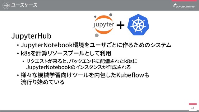 ユースケース
JupyterHub
• JupyterNotebook環境をユーザごとに作るためのシステム
• k8sを計算リソースプールとして利⽤
• リクエストが来ると、バックエンドに配備されたk8sに
JupyterNotebookのインスタンスが作成される
• 様々な機械学習向けツールを内包したKubeflowも
流⾏り始めている
18

