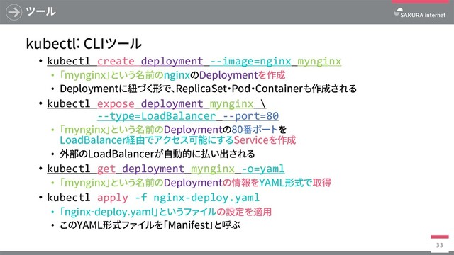 ツール
kubectl: CLIツール
• kubectl create deployment --image=nginx mynginx
• 「mynginx」という名前のnginxのDeploymentを作成
• Deploymentに紐づく形で、ReplicaSet・Pod・Containerも作成される
• kubectl expose deployment mynginx \
--type=LoadBalancer --port=80
• 「mynginx」という名前のDeploymentの80番ポートを
LoadBalancer経由でアクセス可能にするServiceを作成
• 外部のLoadBalancerが⾃動的に払い出される
• kubectl get deployment mynginx -o=yaml
• 「mynginx」という名前のDeploymentの情報をYAML形式で取得
• kubectl apply -f nginx-deploy.yaml
• 「nginx-deploy.yaml」というファイルの設定を適⽤
• このYAML形式ファイルを「Manifest」と呼ぶ
33
