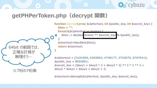 getPHPerToken.php（decrypt 関数）
function decrypt(array $ciphertext, int $public_key, int $secret_key) {
$hex = "";
foreach($ciphertext as $value) {
$hex .= dechex($value ** $secret_key % $public_key);
}
$cleartext=hex2bin($hex);
return $cleartext;
}
$ciphertext = [3181896, 6283063, 4748177, 3723679, 5707941];
$public_key = 8555851;
$secret_key = ($key1 + $key2 * 2 + $key3 * 3) ** 2 * 2 ** 3 +
$key2 * $key3 + $key2 + $key3 + 3;
$cleartext=decrypt($ciphertext, $public_key, $secret_key);
64bit の範囲では、
正確な計算が
無理そう…
※7桁の7桁乗
