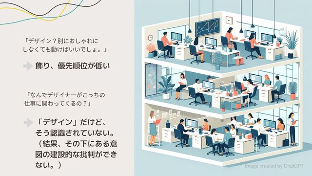 Mayu Nakamura @ Spectrum Tokyo Design Fest 2023
「デザイン？別におしゃれに
しなくても動けばいいでしょ。」
「なんでデザイナーがこっちの
仕事に関わってくるの？」
飾り、優先順位が低い
「デザイン」だけど、
そう認識されていない。
（結果、その下にある意
図の建設的な批判ができ
ない。） Image created by ChatGPT
