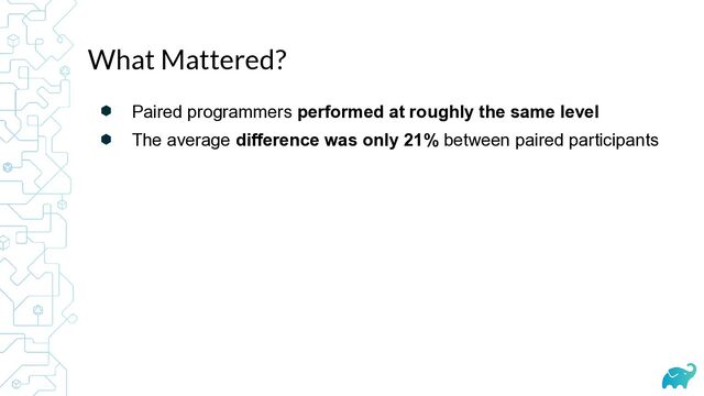 ⬢ Paired programmers performed at roughly the same level
⬢ The average difference was only 21% between paired participants
What Mattered?

