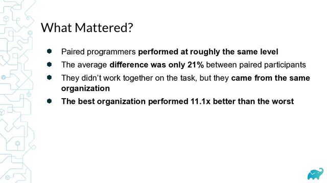 ⬢ Paired programmers performed at roughly the same level
⬢ The average difference was only 21% between paired participants
⬢ They didn’t work together on the task, but they came from the same
organization
⬢ The best organization performed 11.1x better than the worst
What Mattered?
