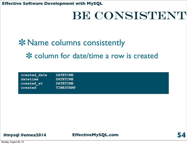 EffectiveMySQL.com
#mysql #emea2014
Effective Software Development with MySQL
BE CONSISTENT
Name columns consistently
column for date/time a row is created
54
created_date DATETIME
datetime DATETIME
created_at DATETIME
created TIMESTAMP
Sunday, August 23, 15

