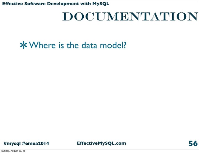 EffectiveMySQL.com
#mysql #emea2014
Effective Software Development with MySQL
documentation
Where is the data model?
56
Sunday, August 23, 15
