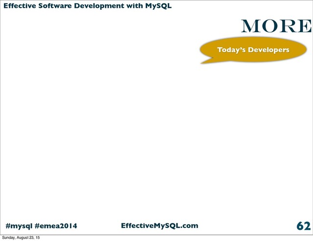 EffectiveMySQL.com
#mysql #emea2014
Effective Software Development with MySQL
More
62
Today’s Developers
Sunday, August 23, 15
