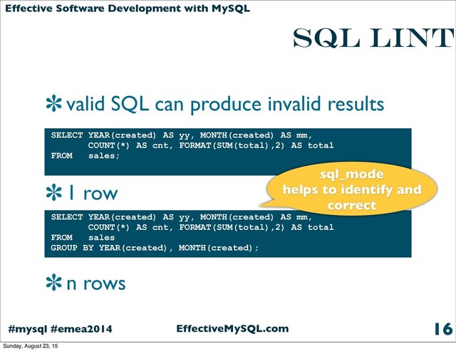 EffectiveMySQL.com
#mysql #emea2014
Effective Software Development with MySQL
SQL LINT
valid SQL can produce invalid results
1 row
n rows
16
SELECT YEAR(created) AS yy, MONTH(created) AS mm,
COUNT(*) AS cnt, FORMAT(SUM(total),2) AS total
FROM sales
GROUP BY YEAR(created), MONTH(created);
SELECT YEAR(created) AS yy, MONTH(created) AS mm,
COUNT(*) AS cnt, FORMAT(SUM(total),2) AS total
FROM sales;
sql_mode
helps to identify and
correct
Sunday, August 23, 15
