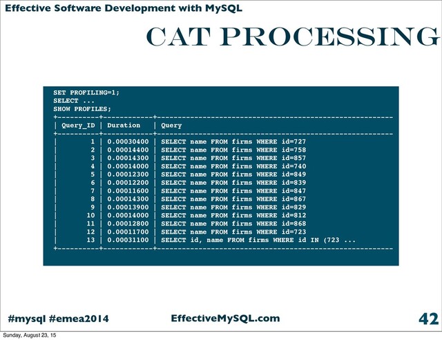 EffectiveMySQL.com
#mysql #emea2014
Effective Software Development with MySQL
CAT processing
42
SET PROFILING=1;
SELECT ...
SHOW PROFILES;
+----------+------------+---------------------------------------------------------
| Query_ID | Duration | Query
+----------+------------+---------------------------------------------------------
| 1 | 0.00030400 | SELECT name FROM firms WHERE id=727
| 2 | 0.00014400 | SELECT name FROM firms WHERE id=758
| 3 | 0.00014300 | SELECT name FROM firms WHERE id=857
| 4 | 0.00014000 | SELECT name FROM firms WHERE id=740
| 5 | 0.00012300 | SELECT name FROM firms WHERE id=849
| 6 | 0.00012200 | SELECT name FROM firms WHERE id=839
| 7 | 0.00011600 | SELECT name FROM firms WHERE id=847
| 8 | 0.00014300 | SELECT name FROM firms WHERE id=867
| 9 | 0.00013900 | SELECT name FROM firms WHERE id=829
| 10 | 0.00014000 | SELECT name FROM firms WHERE id=812
| 11 | 0.00012800 | SELECT name FROM firms WHERE id=868
| 12 | 0.00011700 | SELECT name FROM firms WHERE id=723
| 13 | 0.00031100 | SELECT id, name FROM firms WHERE id IN (723 ...
+----------+------------+---------------------------------------------------------
Sunday, August 23, 15
