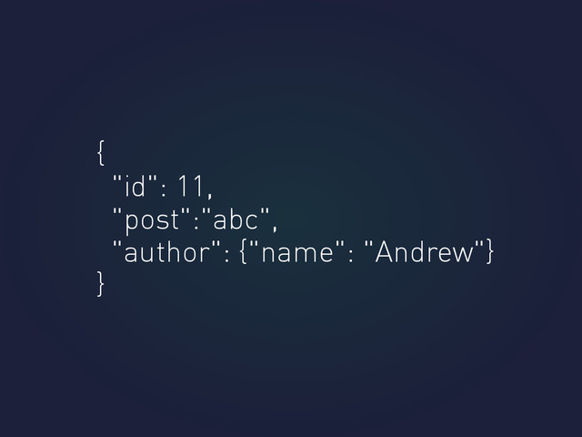 {
"id": 11,
"post":"abc",
"author": {"name": "Andrew"}
}
