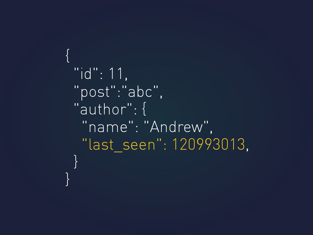 {
"id": 11,
"post":"abc",
"author": {
"name": "Andrew",
"last_seen": 120993013,
}
}
