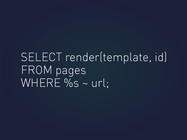 SELECT render(template, id)
FROM pages
WHERE %s ~ url;
