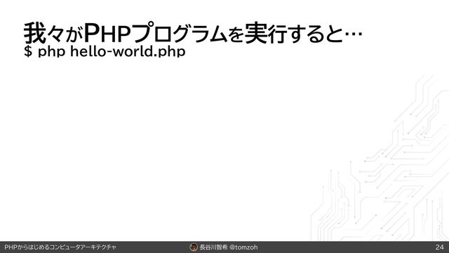 長谷川智希 @tomzoh
PHPからはじめるコンピュータアーキテクチャ
我々がPHPプログラムを実行すると…
$ php hello-world.php
24
