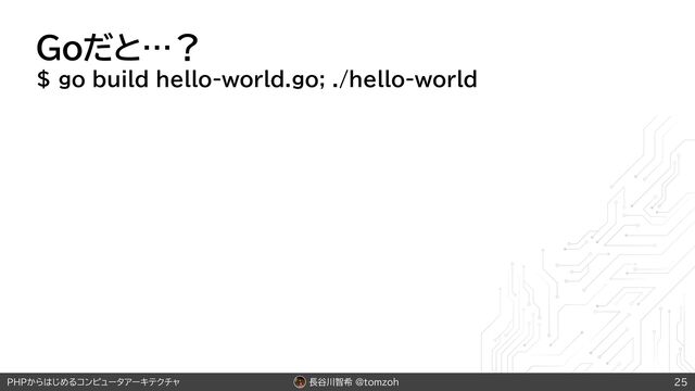 長谷川智希 @tomzoh
PHPからはじめるコンピュータアーキテクチャ
Goだと…？
$ go build hello-world.go; ./hello-world
25
