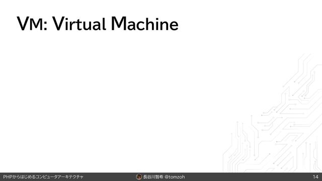 長谷川智希 @tomzoh
PHPからはじめるコンピュータアーキテクチャ
VM: Virtual Machine
14
