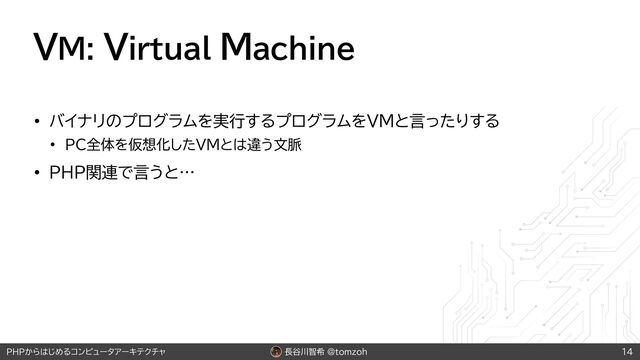 長谷川智希 @tomzoh
PHPからはじめるコンピュータアーキテクチャ
VM: Virtual Machine
• バイナリのプログラムを実行するプログラムをVMと言ったりする
• PC全体を仮想化したVMとは違う文脈
• PHP関連で言うと…
14
