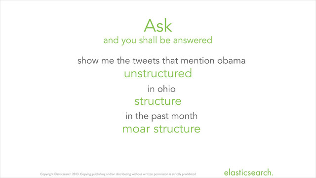 Copyright Elasticsearch 2013. Copying, publishing and/or distributing without written permission is strictly prohibited
and you shall be answered
Ask
show me the tweets that mention obama
unstructured
in ohio
structure
in the past month
moar structure
