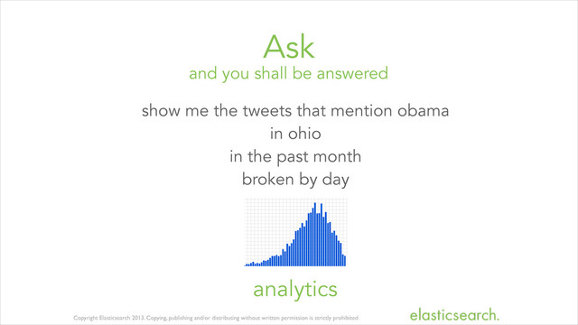 Copyright Elasticsearch 2013. Copying, publishing and/or distributing without written permission is strictly prohibited
and you shall be answered
Ask
show me the tweets that mention obama
in ohio
in the past month
broken by day
analytics
