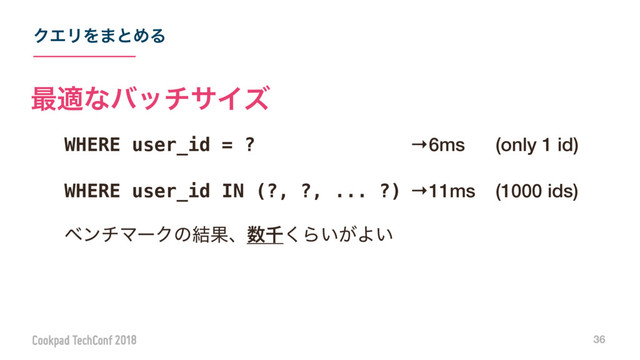 ΫΤϦΛ·ͱΊΔ
36
WHERE user_id = ? →6ms (only 1 id)
WHERE user_id IN (?, ?, ... ?) →11ms (1000 ids)
ϕϯνϚʔΫͷ݁Ռɺ਺ઍ͘Β͍͕Α͍
࠷దͳόοναΠζ
