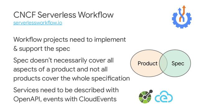 CNCF Serverless Workflow
serverlessworkflow.io
Workflow projects need to implement
& support the spec
Spec doesn’t necessarily cover all
aspects of a product and not all
products cover the whole specification
Services need to be described with
OpenAPI, events with CloudEvents
Product Spec
