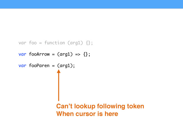 var foo = function (arg1) {};
var fooArrow = (arg1) => {};
var fooParen = (arg1);
Can’t lookup following token
When cursor is here
