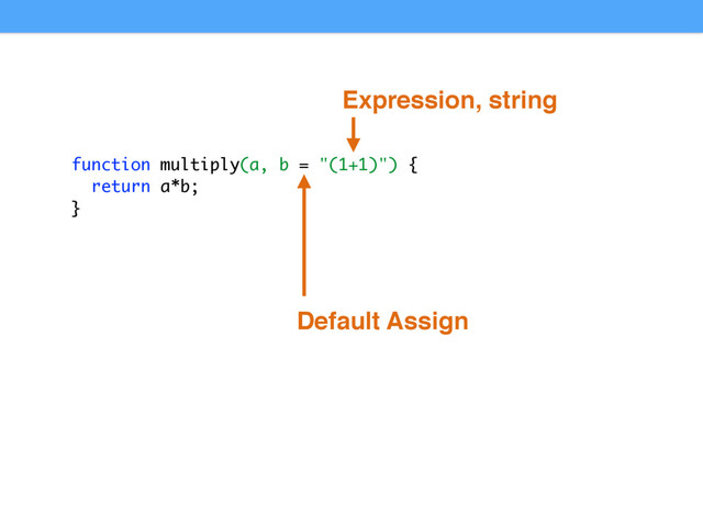 function multiply(a, b = "(1+1)") {
return a*b;
}
Default Assign
Expression, string
