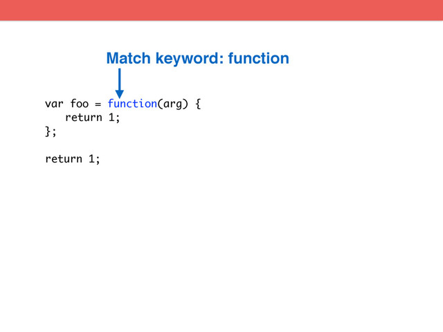 var foo = function(arg) {
return 1;
};
return 1;
Match keyword: function
