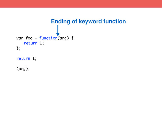 var foo = function(arg) {
return 1;
};
return 1;
(arg);
Ending of keyword function
