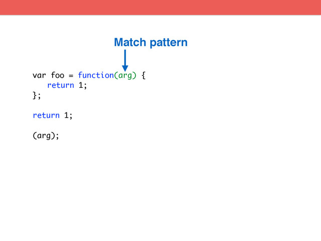var foo = function(arg) {
return 1;
};
return 1;
(arg);
Match pattern
