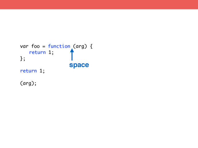 var foo = function (arg) {
return 1;
};
return 1;
(arg);
space
