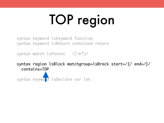 TOP region
syntax keyword lsKeyword function
syntax keyword lsReturn contained return
syntax match lsParens /(\k*)/
syntax region lsBlock matchgroup=lsBrack start=/{/ end=/}/
contains=TOP
syntax keyword lsDeclare var let
