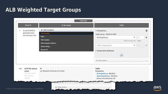 © 2020, Amazon Web Services, Inc. or its Affiliates.
ALB Weighted Target Groups
