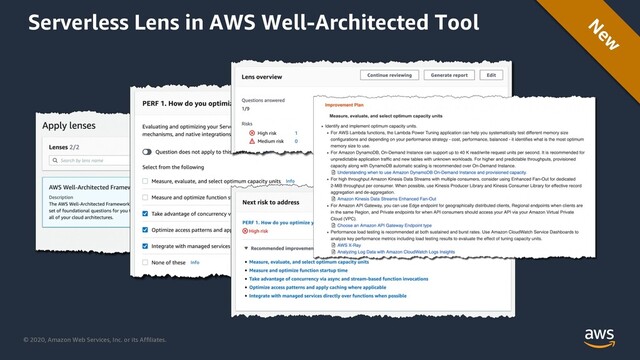 © 2020, Amazon Web Services, Inc. or its Affiliates.
Serverless Lens in AWS Well-Architected Tool N
ew
